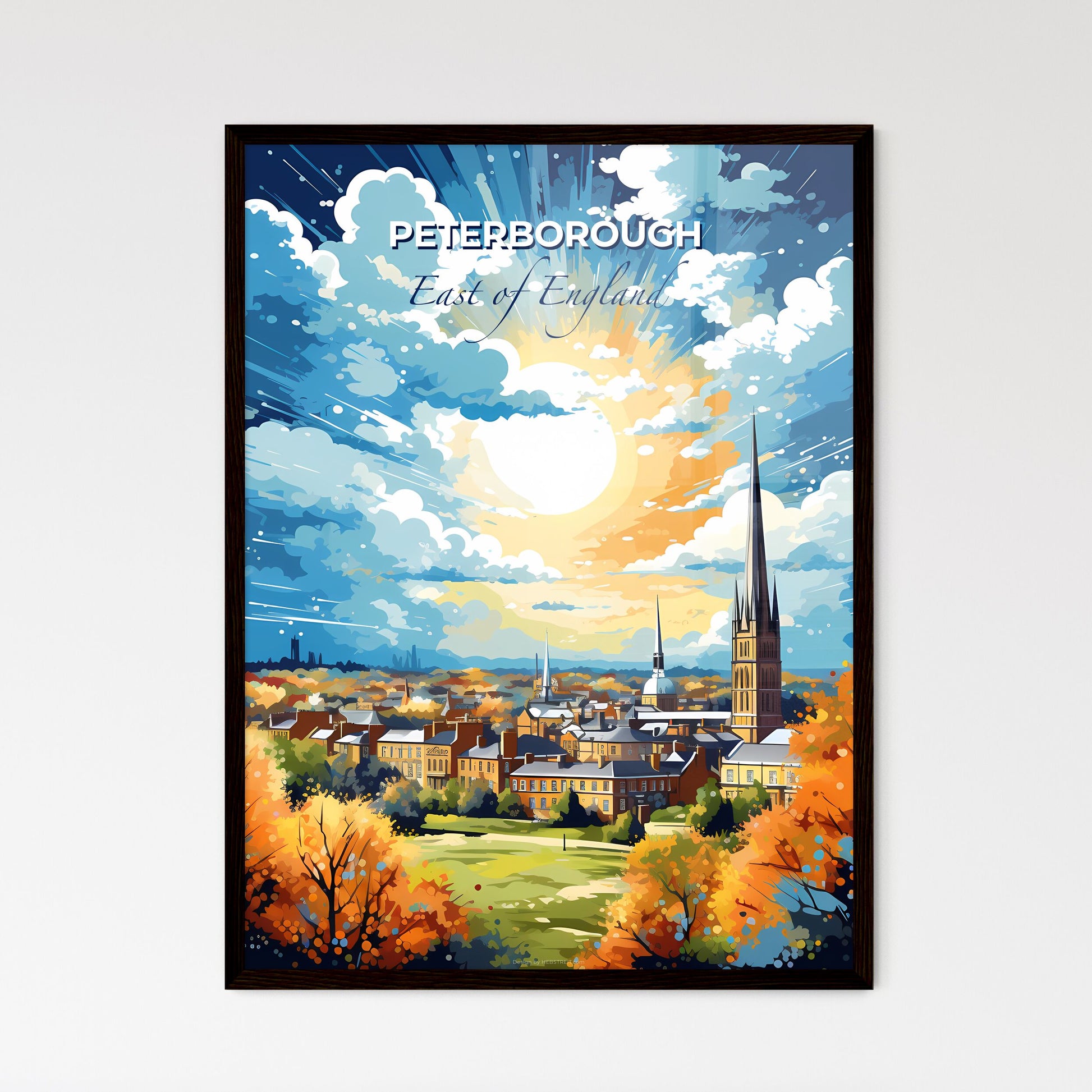 Peterborough, East of England, A Poster of a painting of a city with trees and a sunny sky Default Title