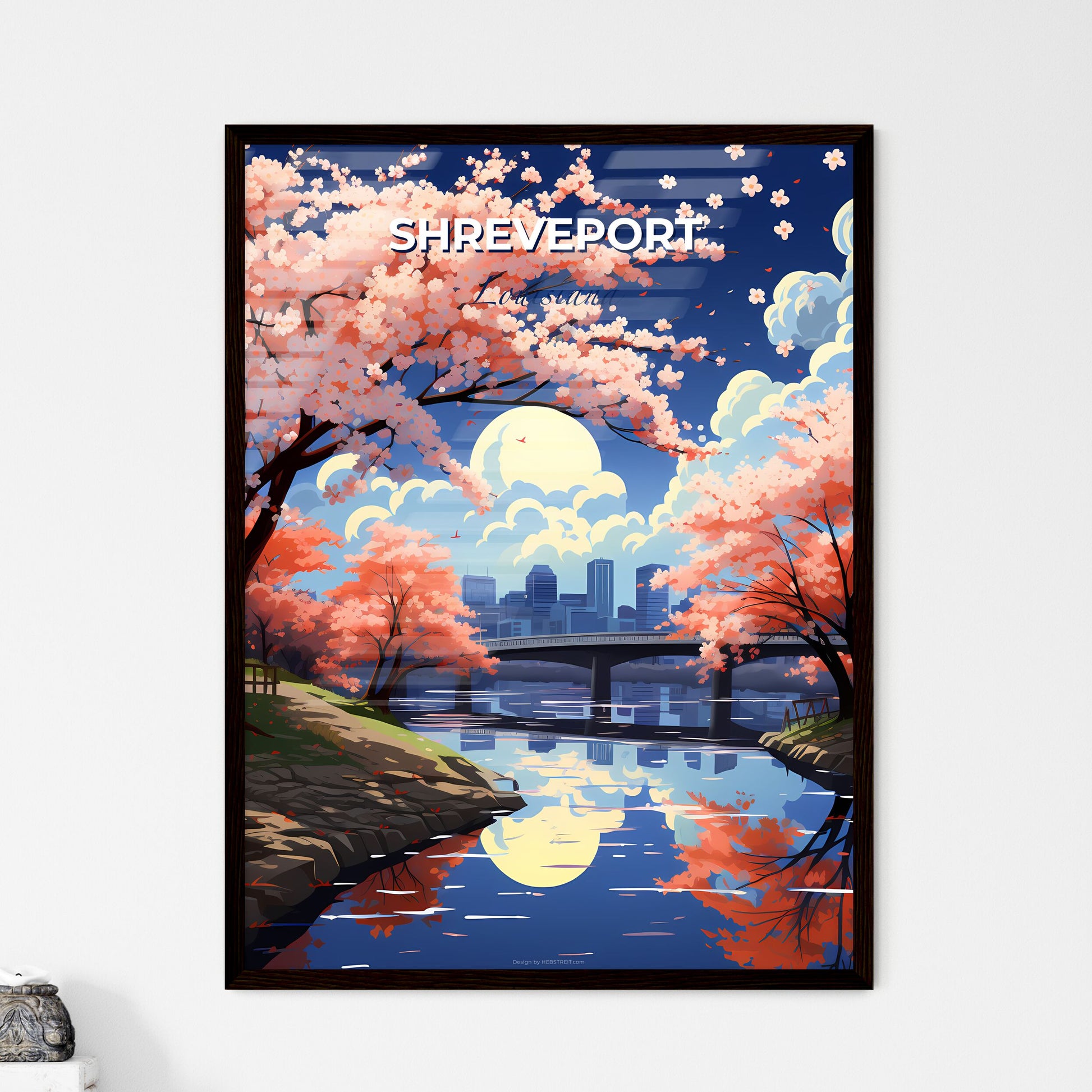Shreveport, Louisiana, A Poster of a river with pink trees and a bridge in the background Default Title