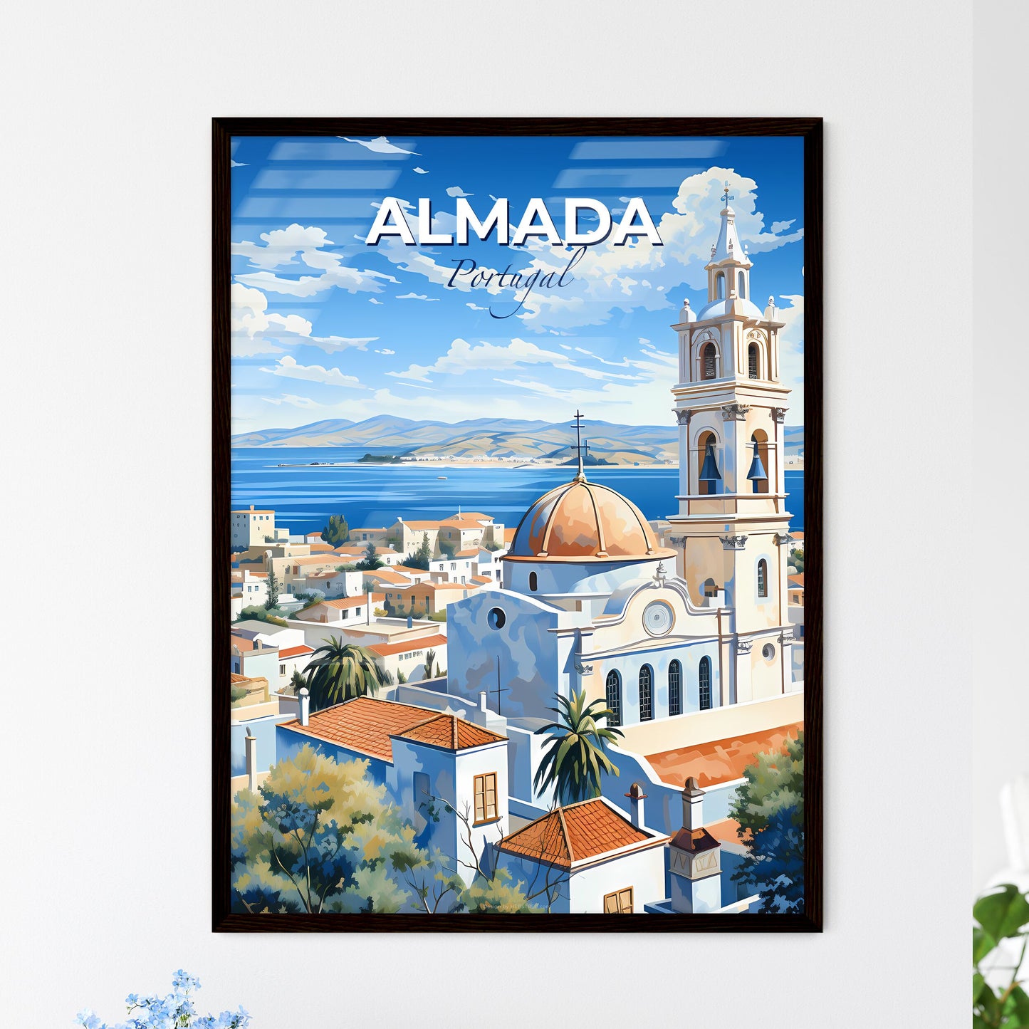Almada, Portugal, A Poster of a church with a bell tower and a body of water Default Title