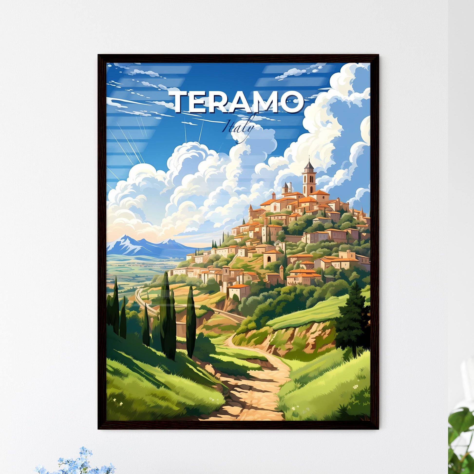 Teramo, Italy, A Poster of a landscape with a town on a hill Default Title