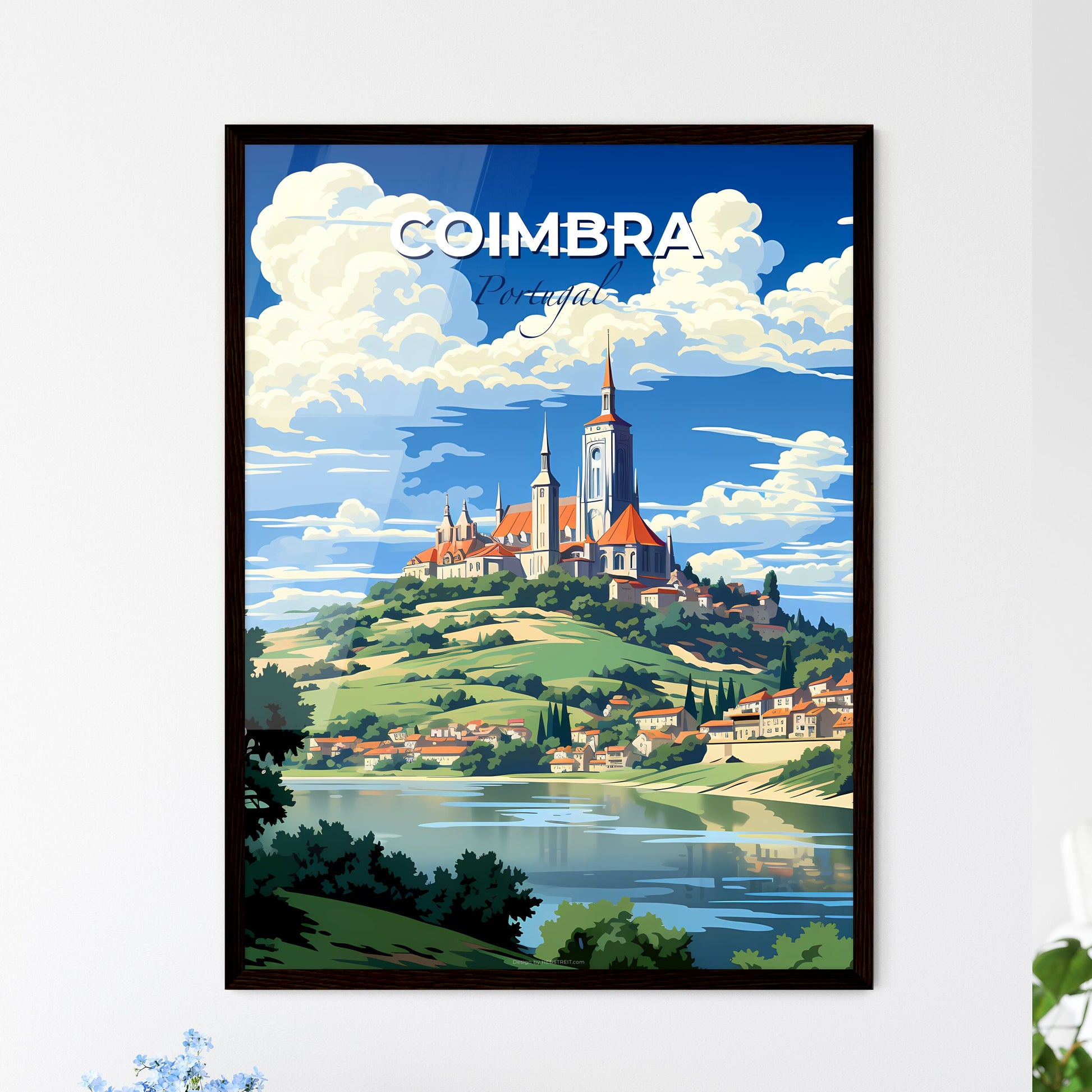Coimbra, Portugal, A Poster of a castle on a hill with a lake and trees Default Title