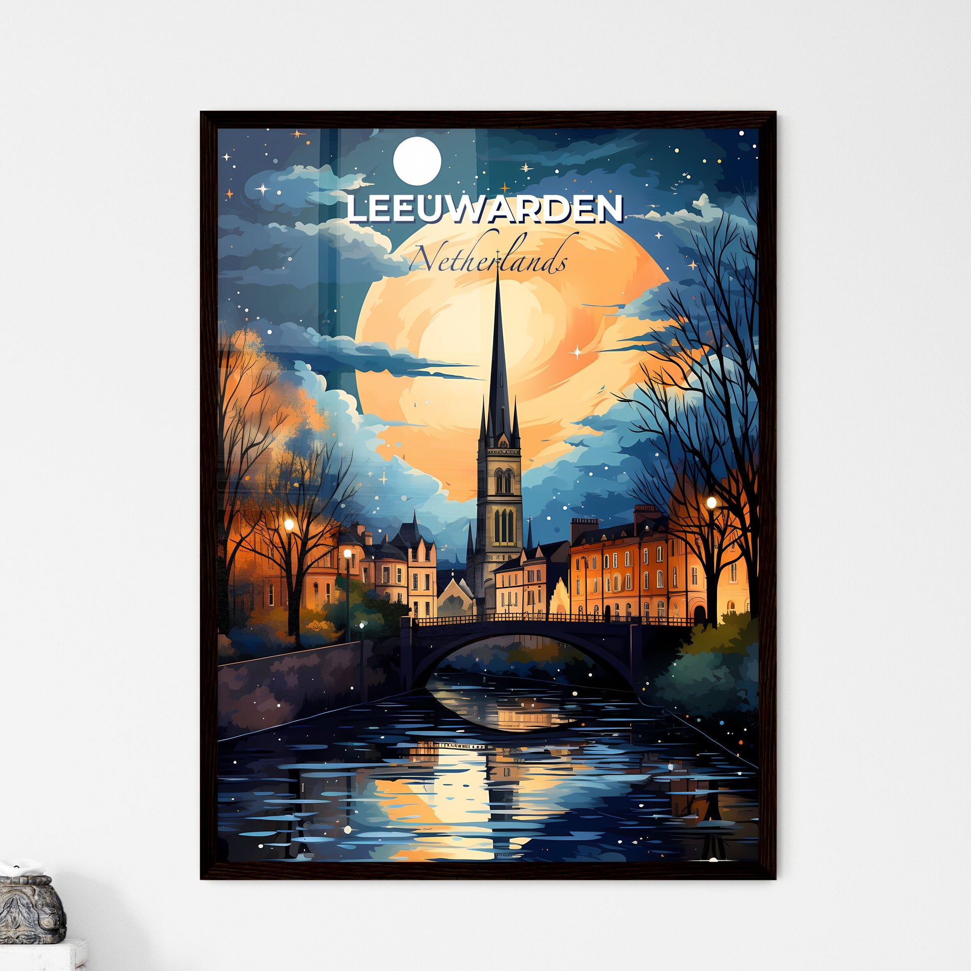 Leeuwarden, Netherlands, A Poster of a bridge over a river with a large moon in the background Default Title