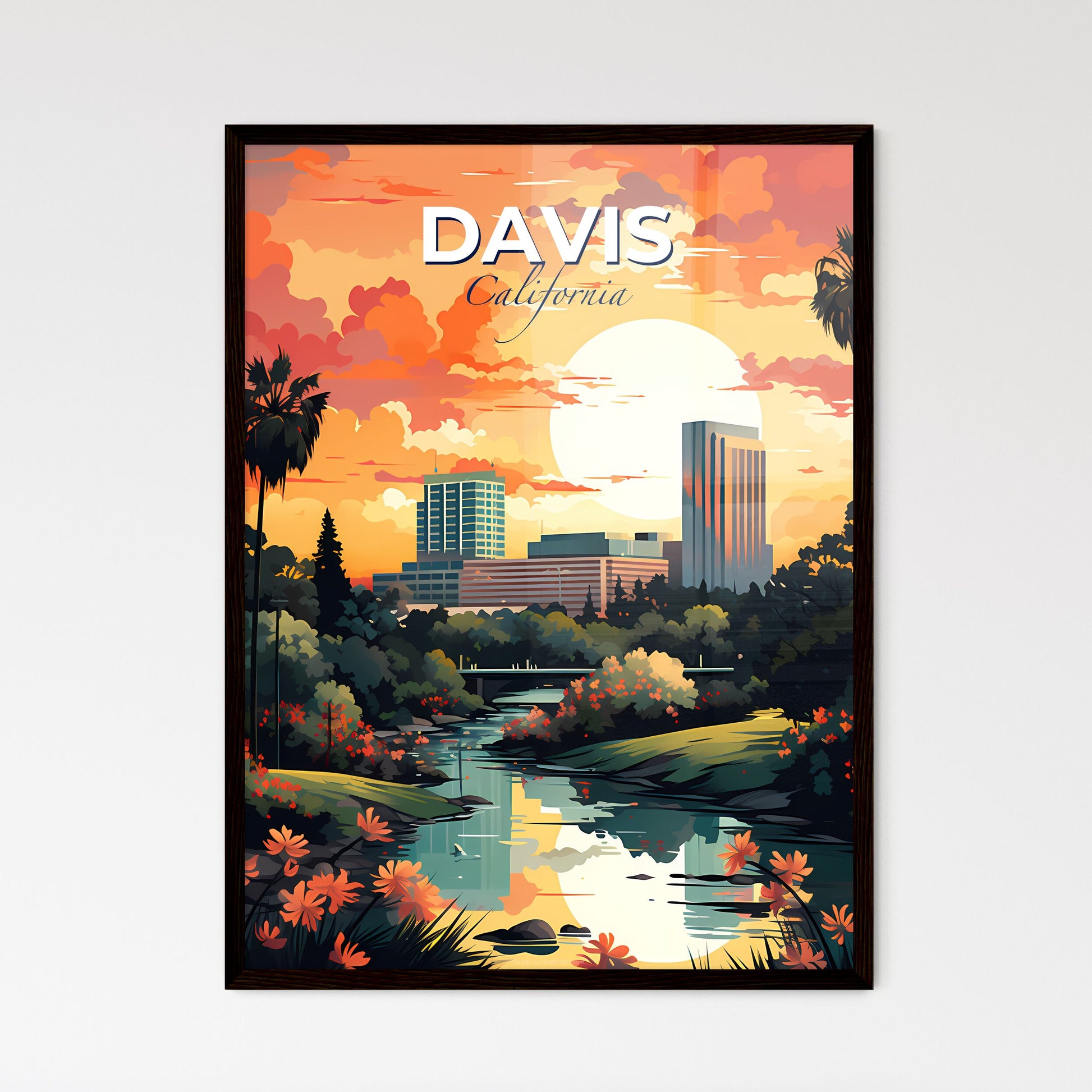 Davis, California, A Poster of a river with trees and flowers in front of a city Default Title