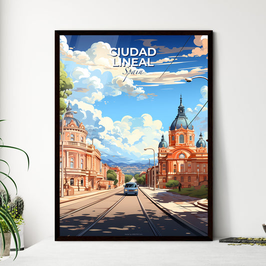 Ciudad Lineal, Spain, A Poster of a train going down a street with buildings and trees Default Title