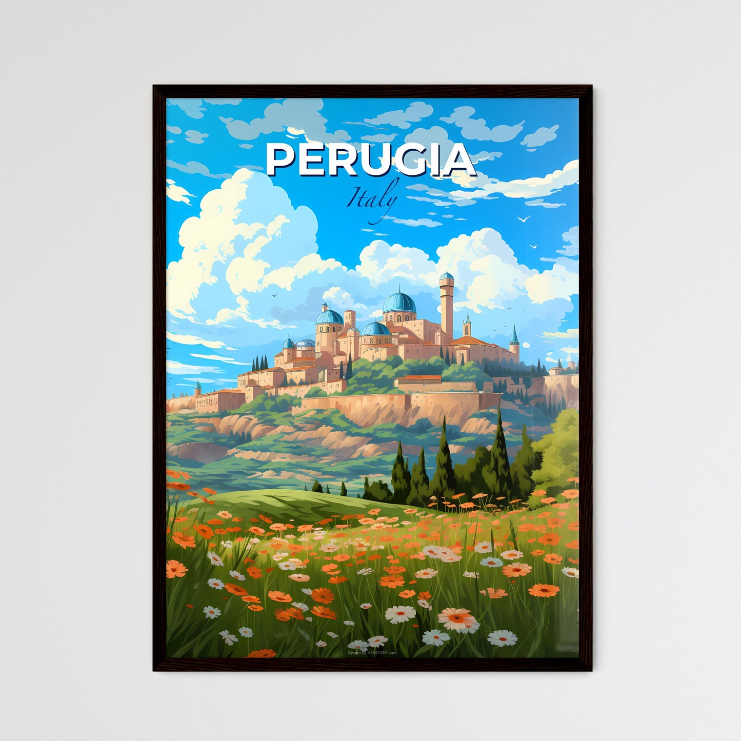 Perugia, Italy, A Poster of a landscape with a castle and flowers Default Title