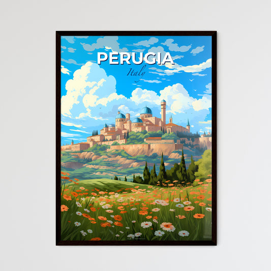 Perugia, Italy, A Poster of a landscape with a castle and flowers Default Title