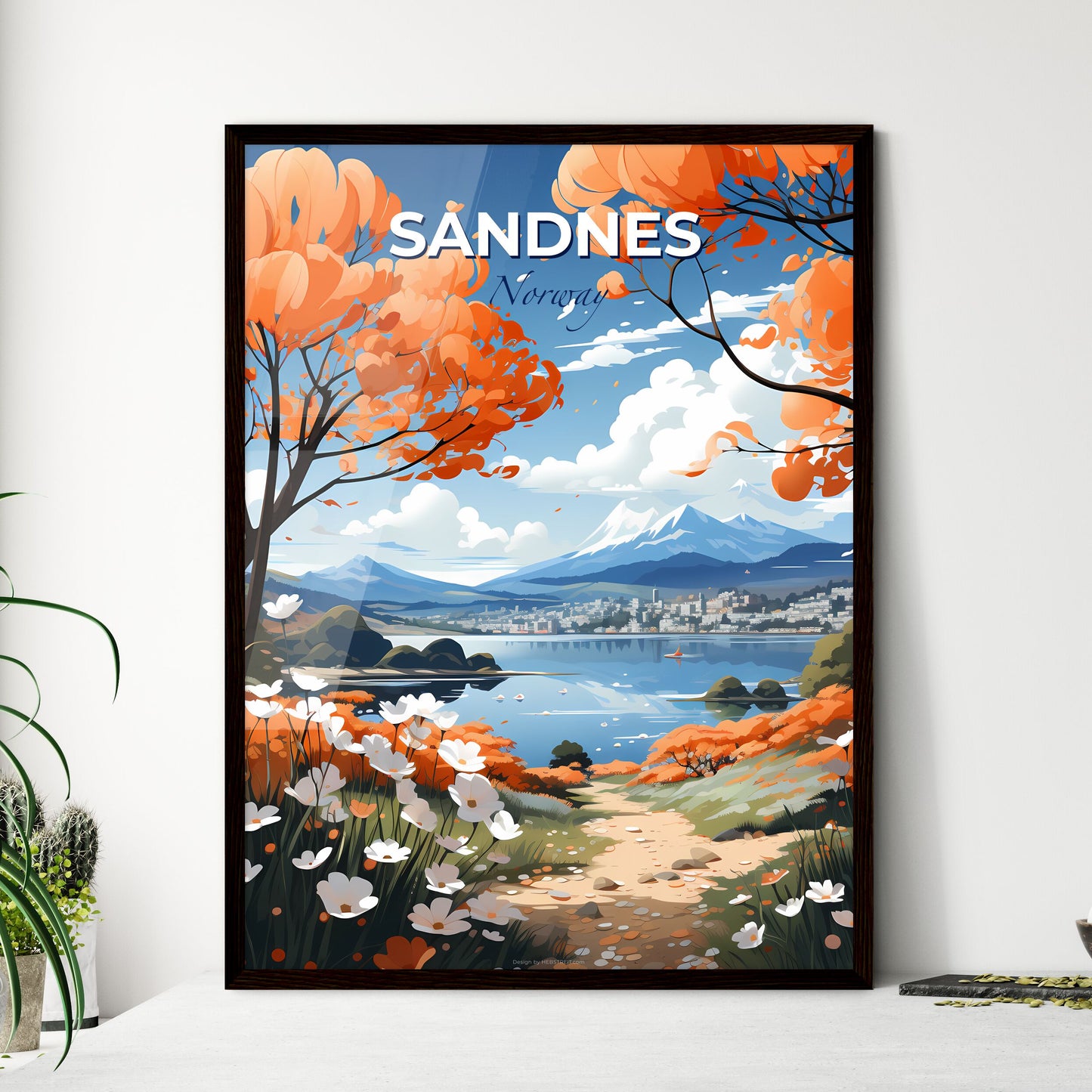 Sandnes, Norway, A Poster of a landscape with orange flowers and a lake Default Title
