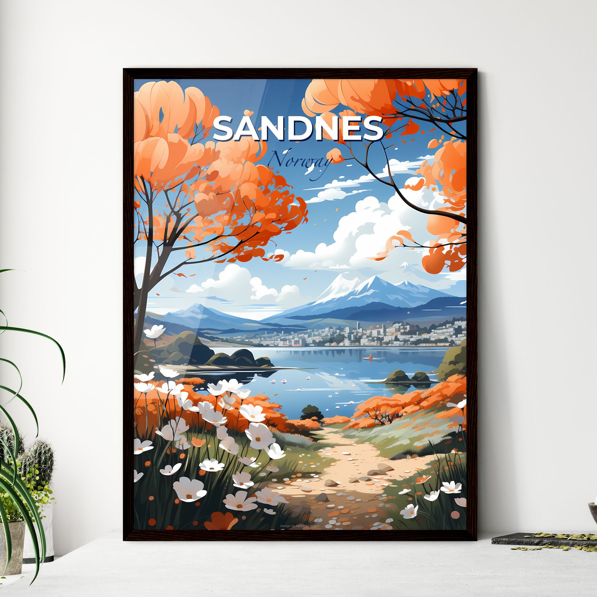 Sandnes, Norway, A Poster of a landscape with orange flowers and a lake Default Title