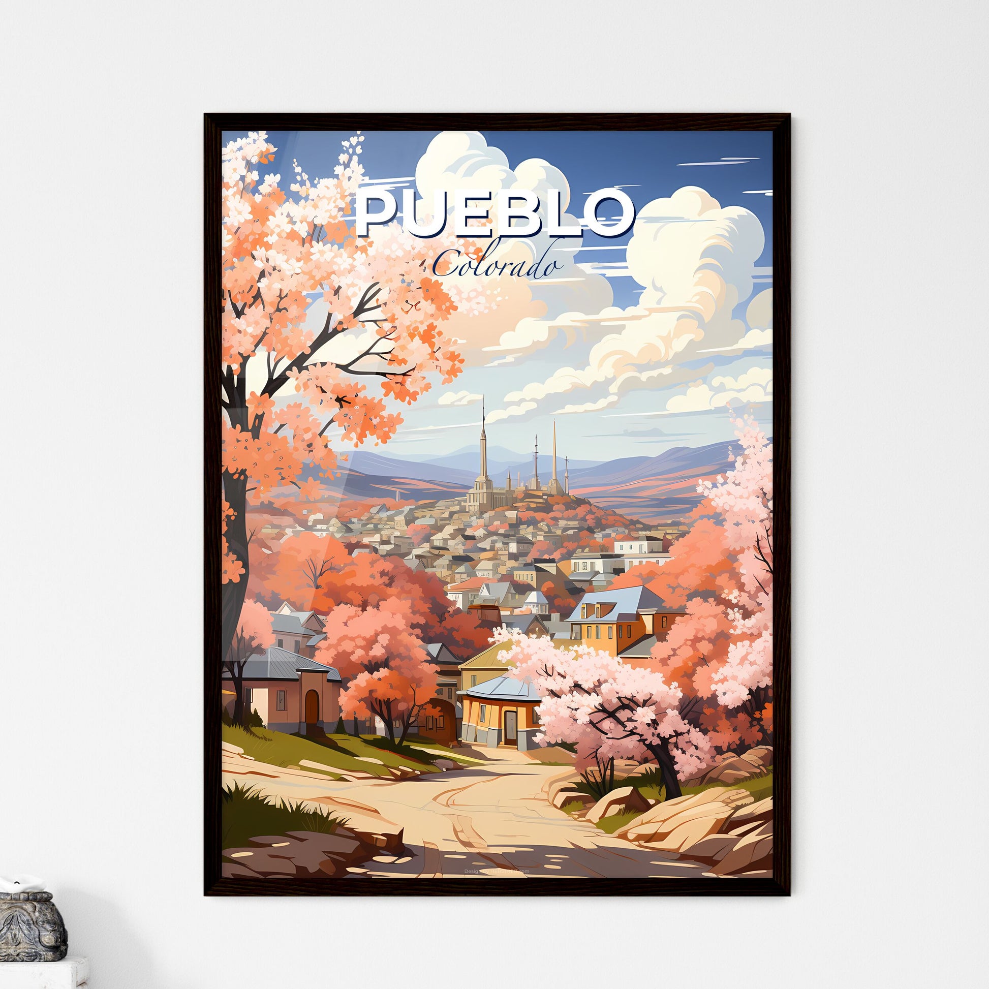 Pueblo, Colorado, A Poster of a landscape of a town with pink trees and a building in the background Default Title