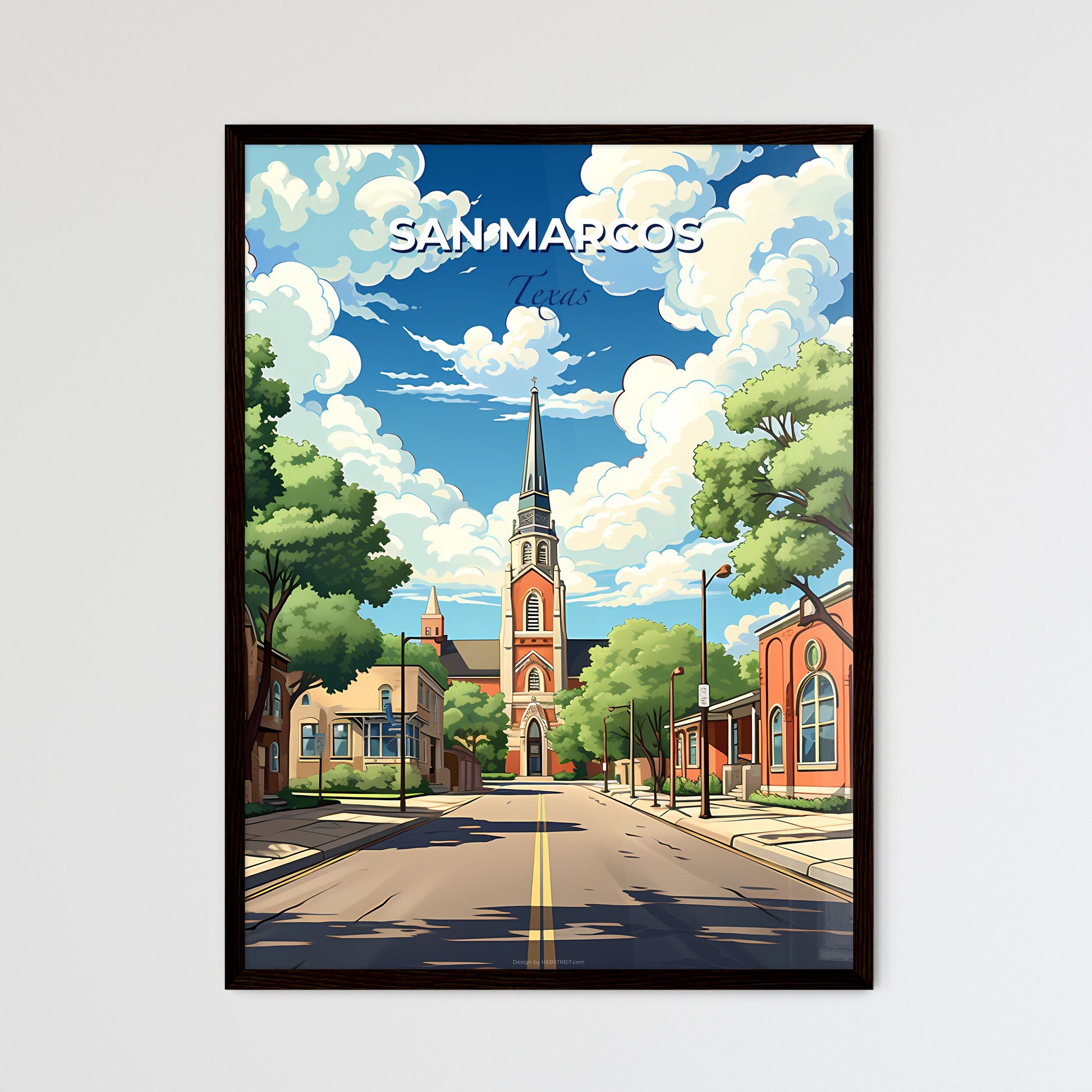 San Marcos, Texas, A Poster of a street with a church and trees Default Title