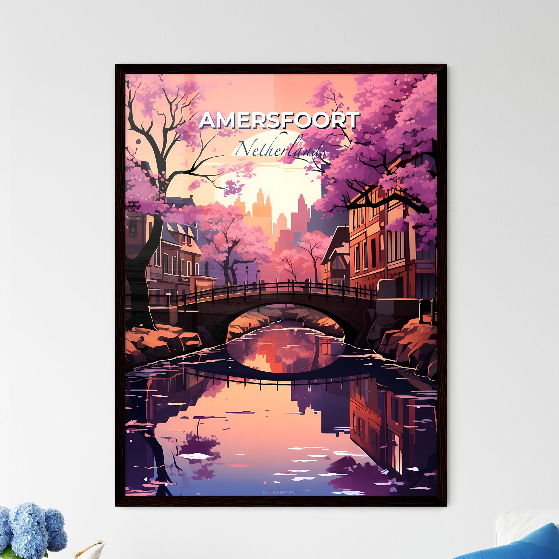 Amersfoort, Netherlands, A Poster of a bridge over a river with pink trees and buildings Default Title
