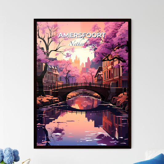 Amersfoort, Netherlands, A Poster of a bridge over a river with pink trees and buildings Default Title