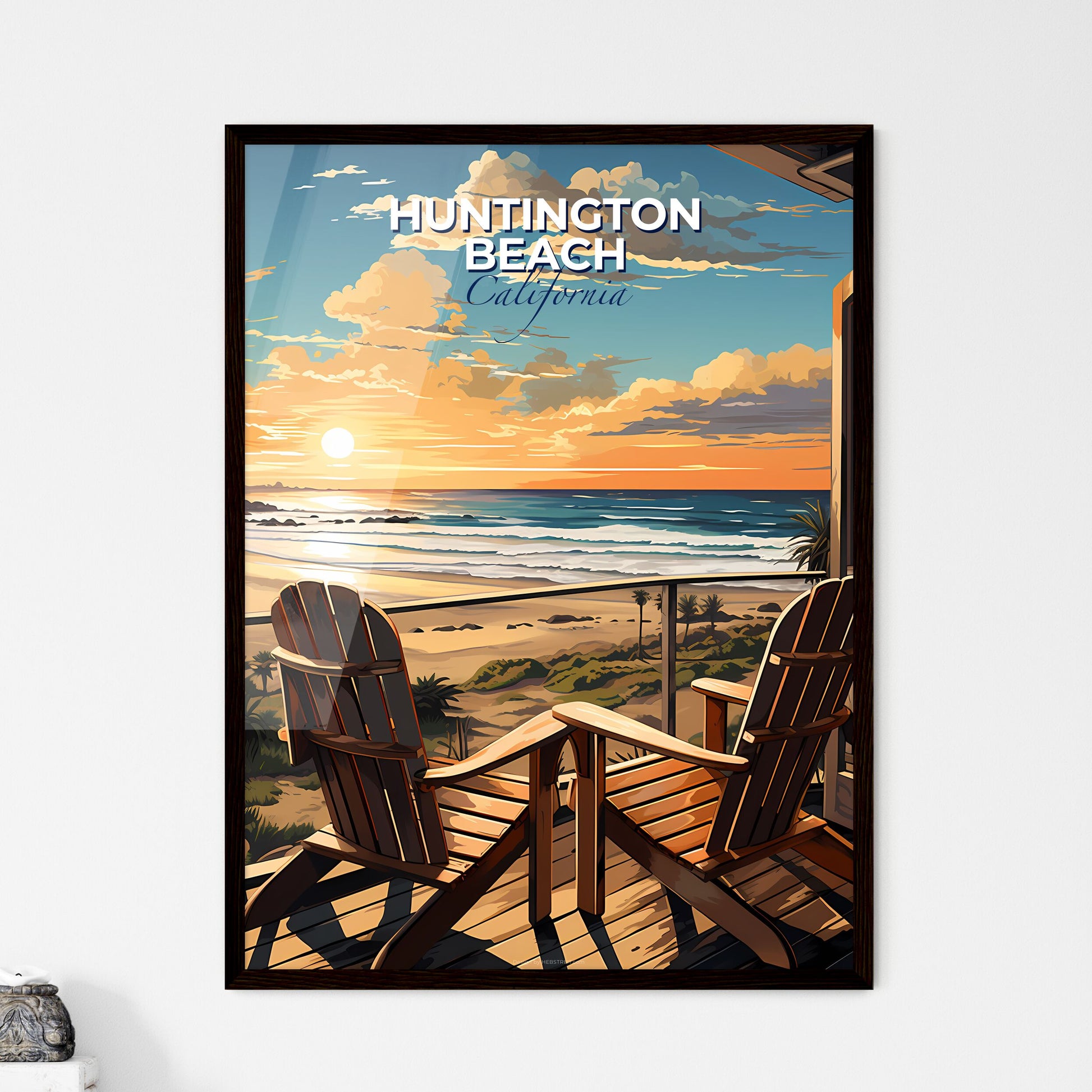 Huntington Beach, California, A Poster of a deck with chairs overlooking the ocean Default Title
