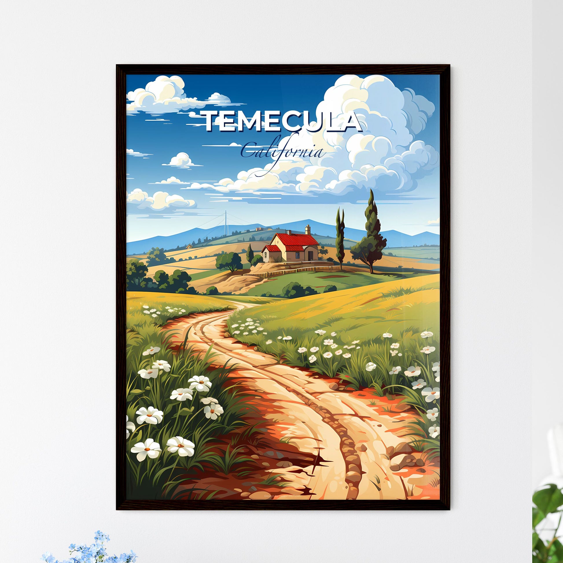 Temecula, California, A Poster of a dirt road through a field with flowers and a house Default Title