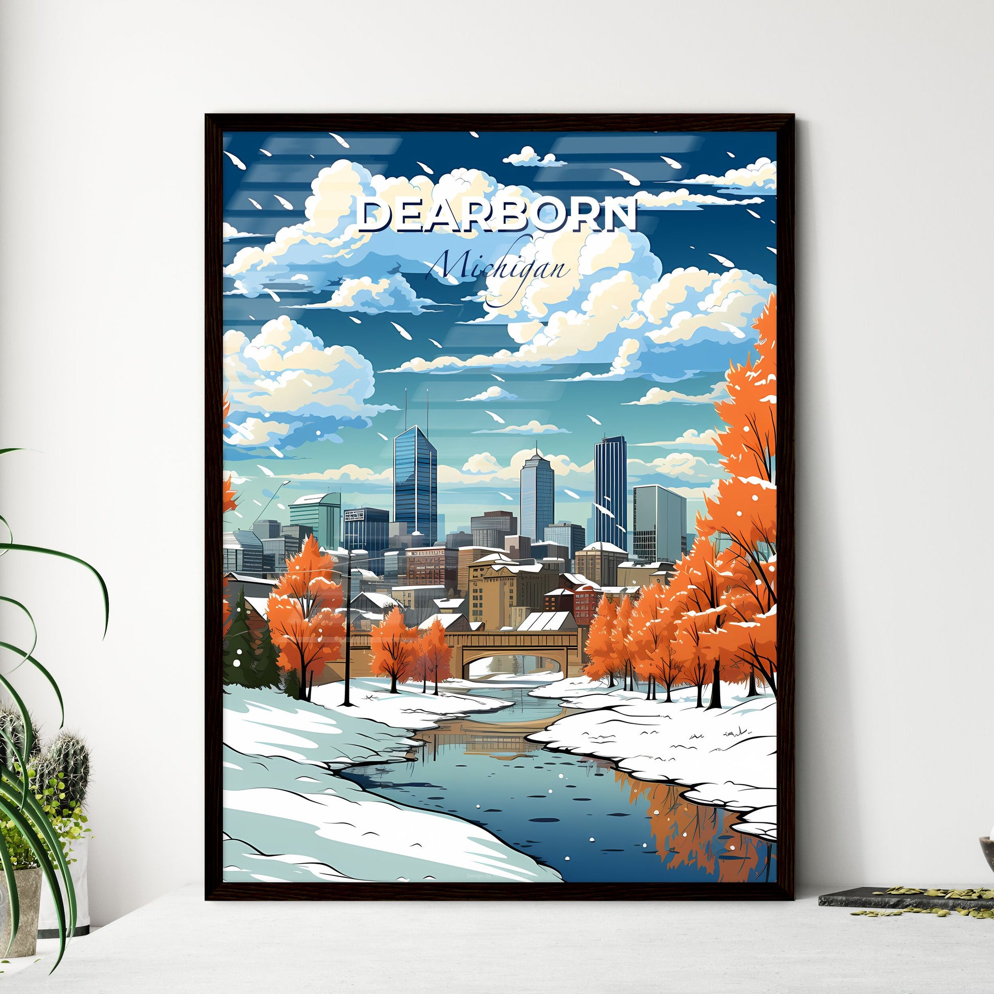 Dearborn, Michigan, A Poster of a snow covered river with trees and a bridge in the background Default Title