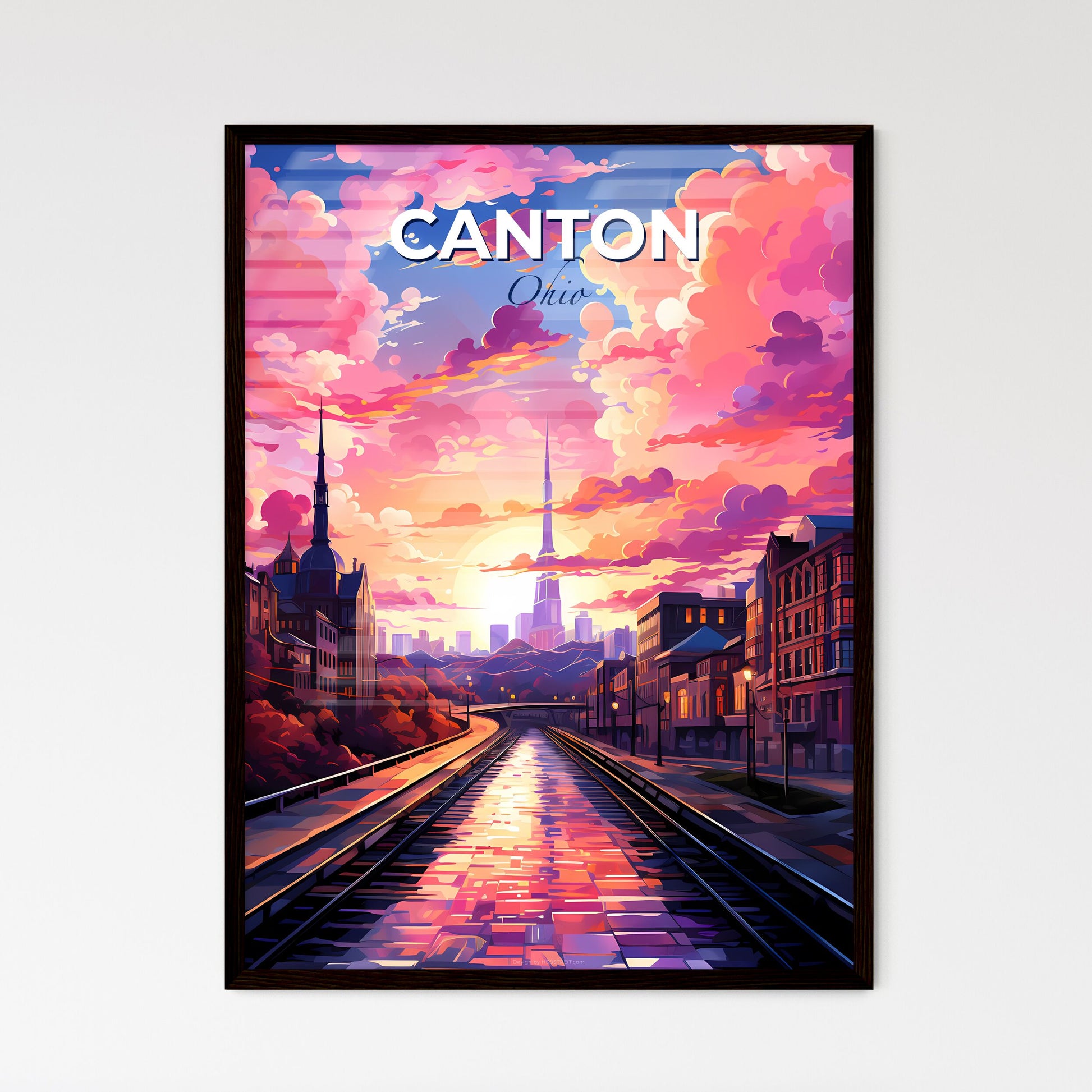 Canton, Ohio, A Poster of a train tracks in a city with pink clouds and a pink sky Default Title
