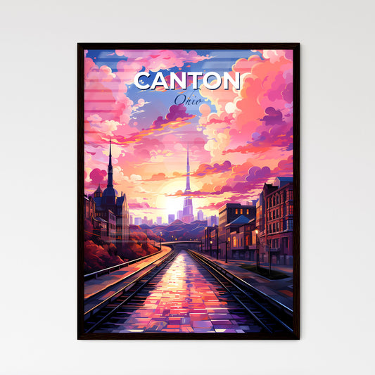 Canton, Ohio, A Poster of a train tracks in a city with pink clouds and a pink sky Default Title