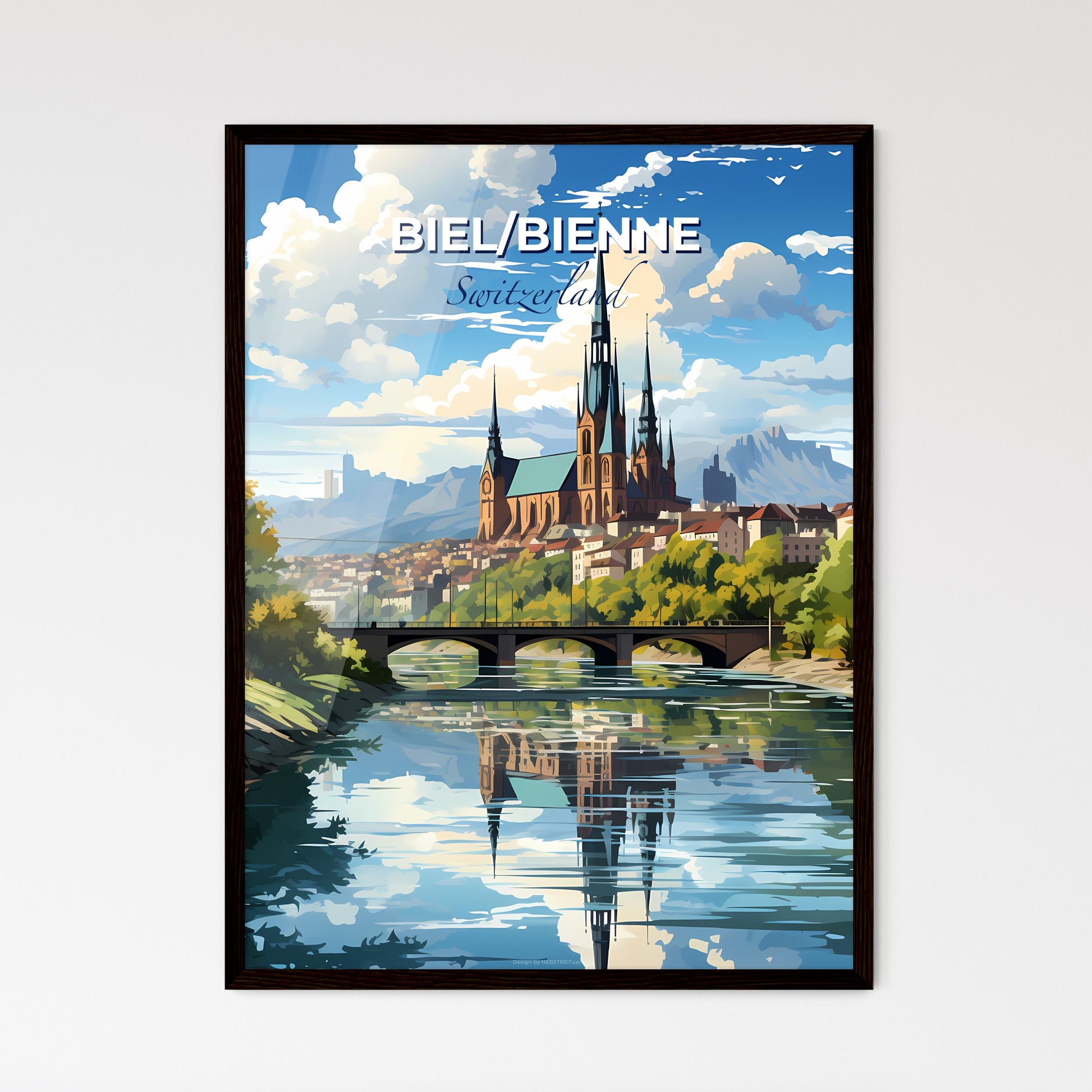 Biel/Bienne, Switzerland, A Poster of a bridge over a river with a castle and trees Default Title
