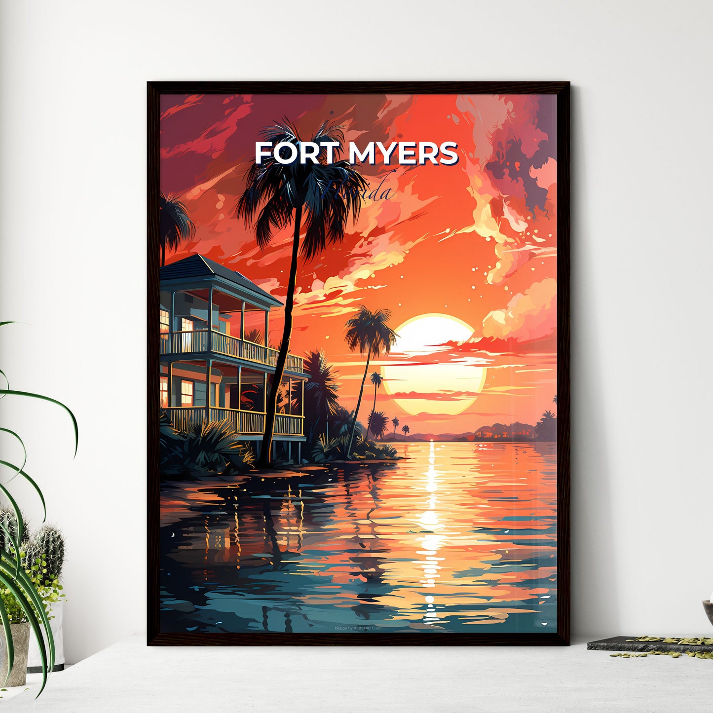 Fort Myers, Florida, A Poster of a house with palm trees and a sunset Default Title