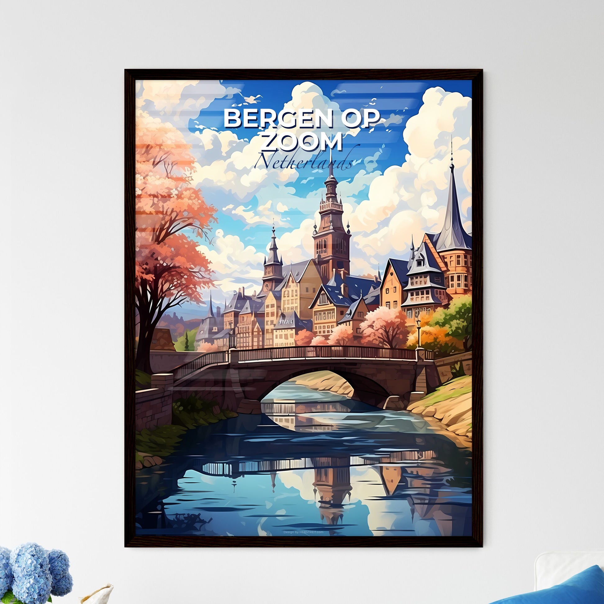 Bergen Op Zoom, Netherlands, A Poster of a bridge over a river with a city in the background Default Title