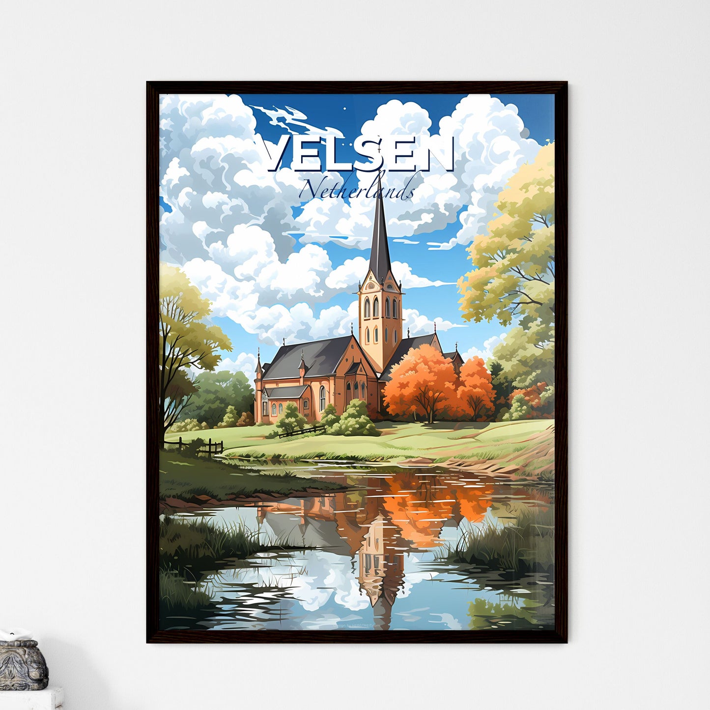 Velsen, Netherlands, A Poster of a church with a steeple and trees by a pond Default Title