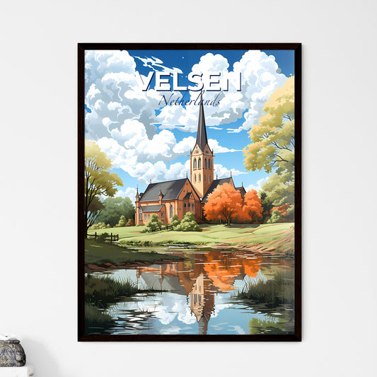 Velsen, Netherlands, A Poster of a church with a steeple and trees by a pond Default Title