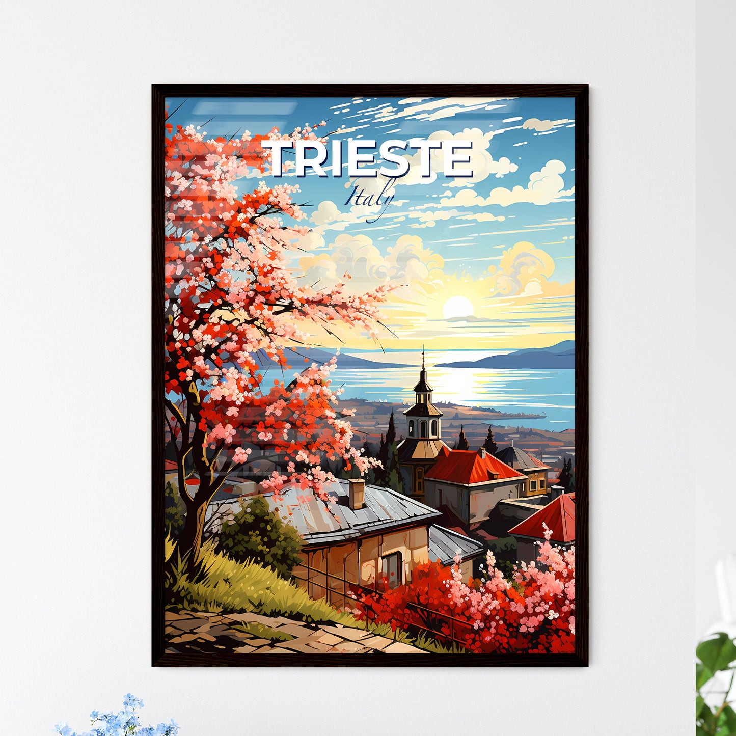 Trieste, Italy, A Poster of a painting of a town with a lake and mountains Default Title