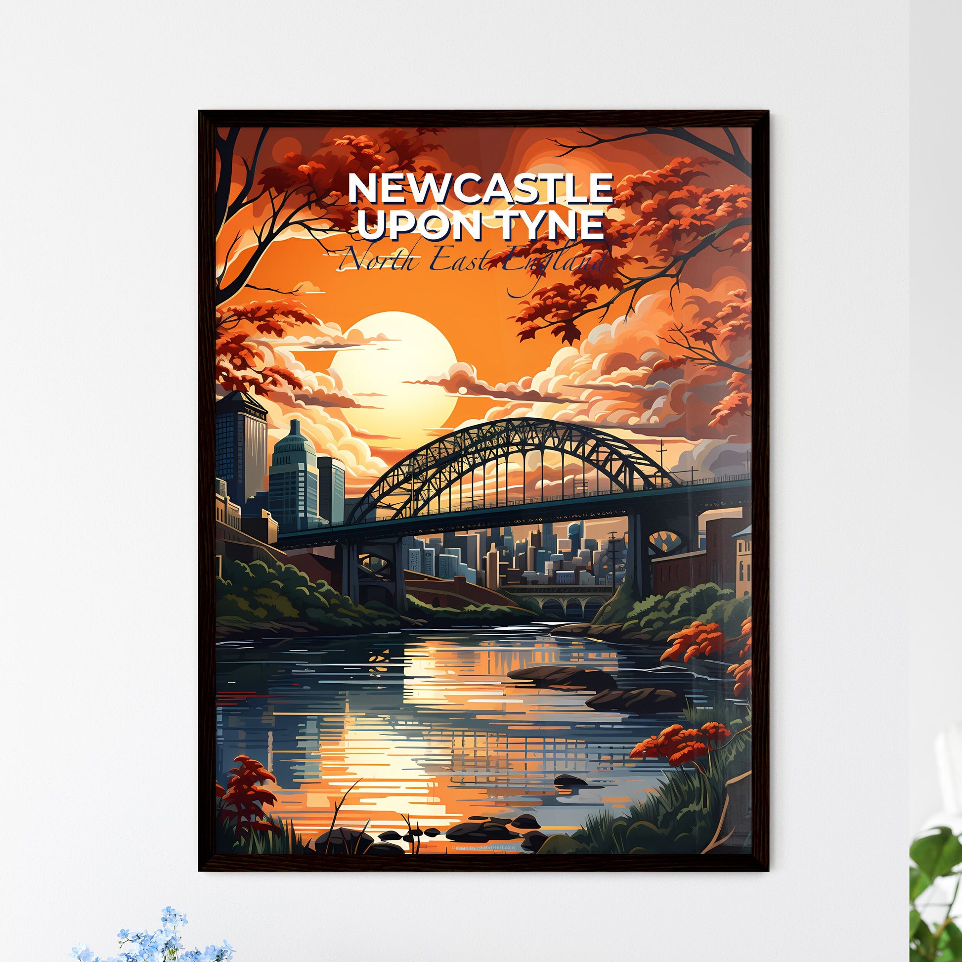 Newcastle Upon Tyne, North East England, A Poster of a bridge over a river with orange trees and a city in the background Default Title
