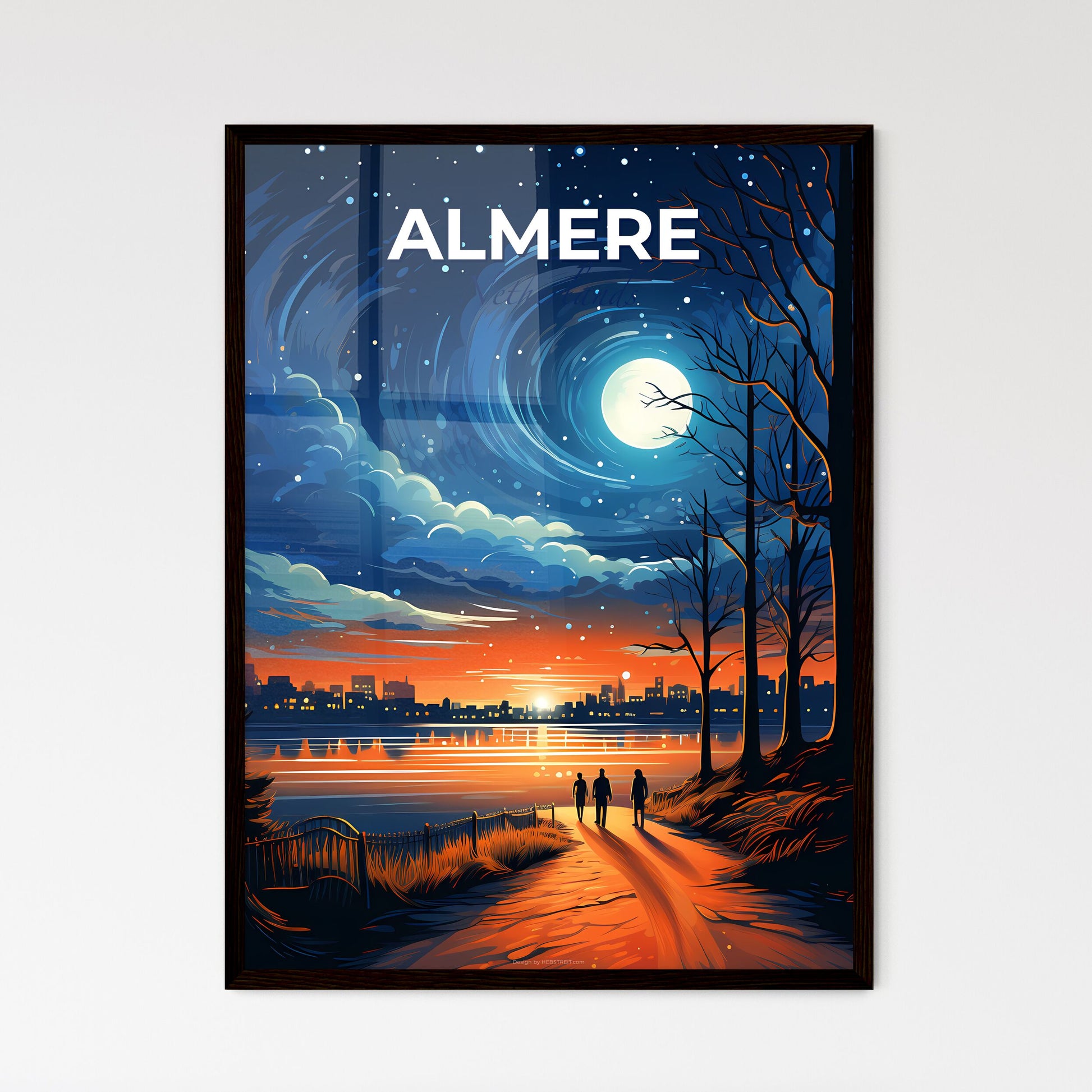 Almere, Netherlands, A Poster of a couple walking on a path by a lake at night Default Title