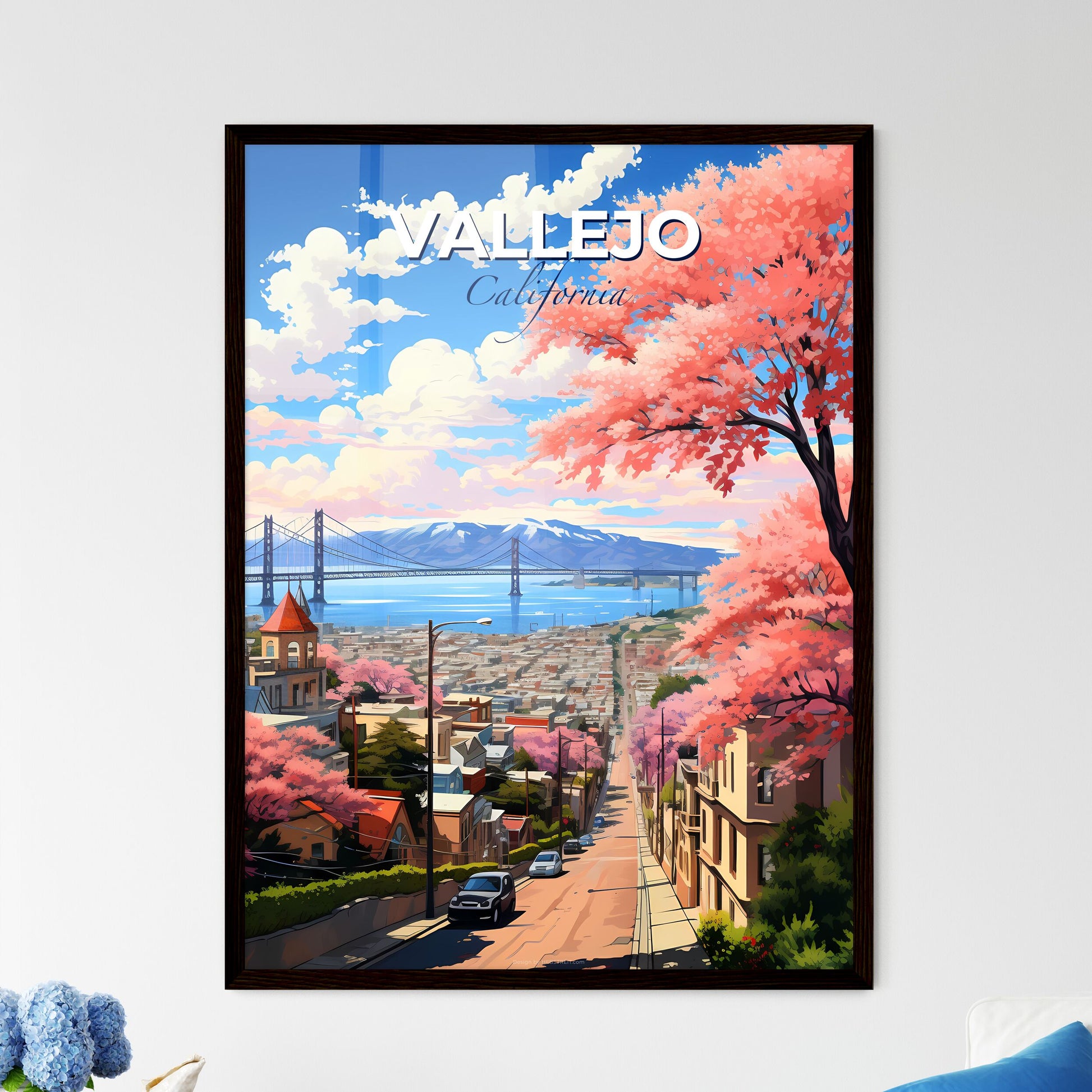 Vallejo, California, A Poster of a city street with pink trees and a bridge in the background Default Title