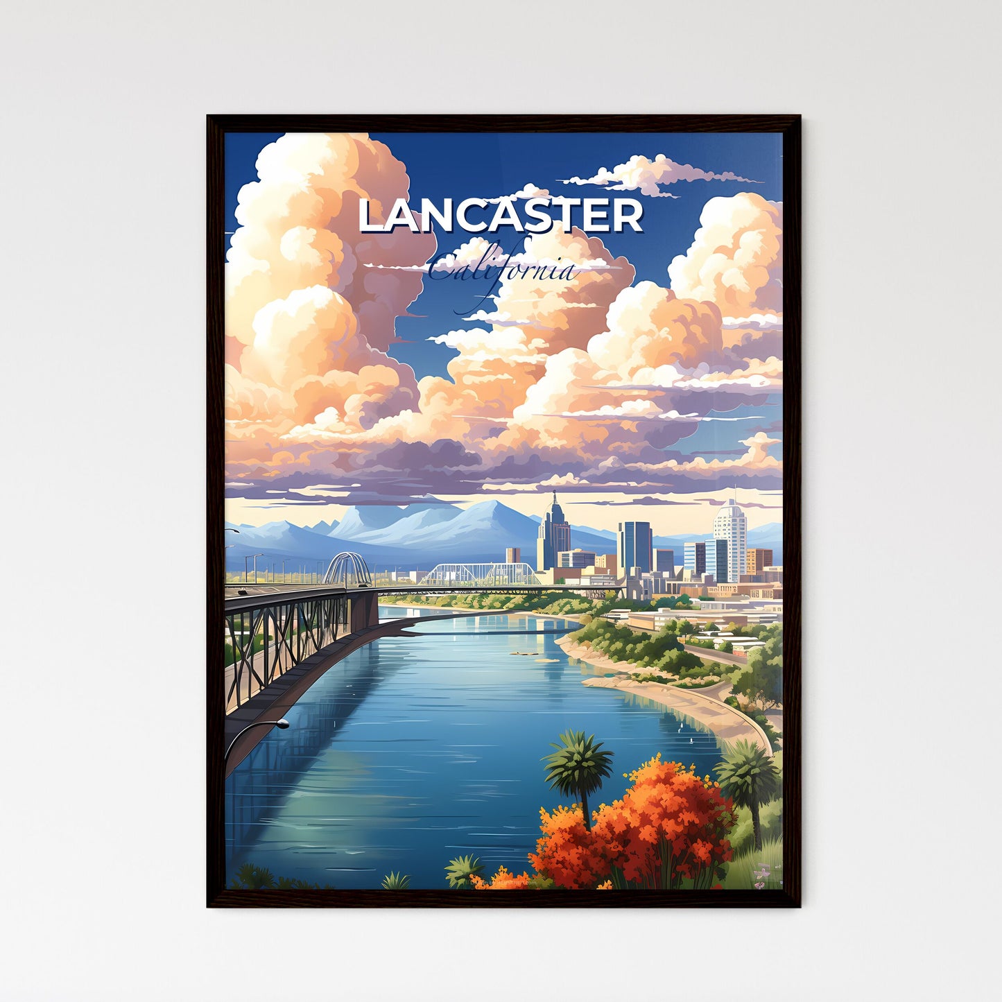 Lancaster, California, A Poster of a bridge over a river with a city in the background Default Title