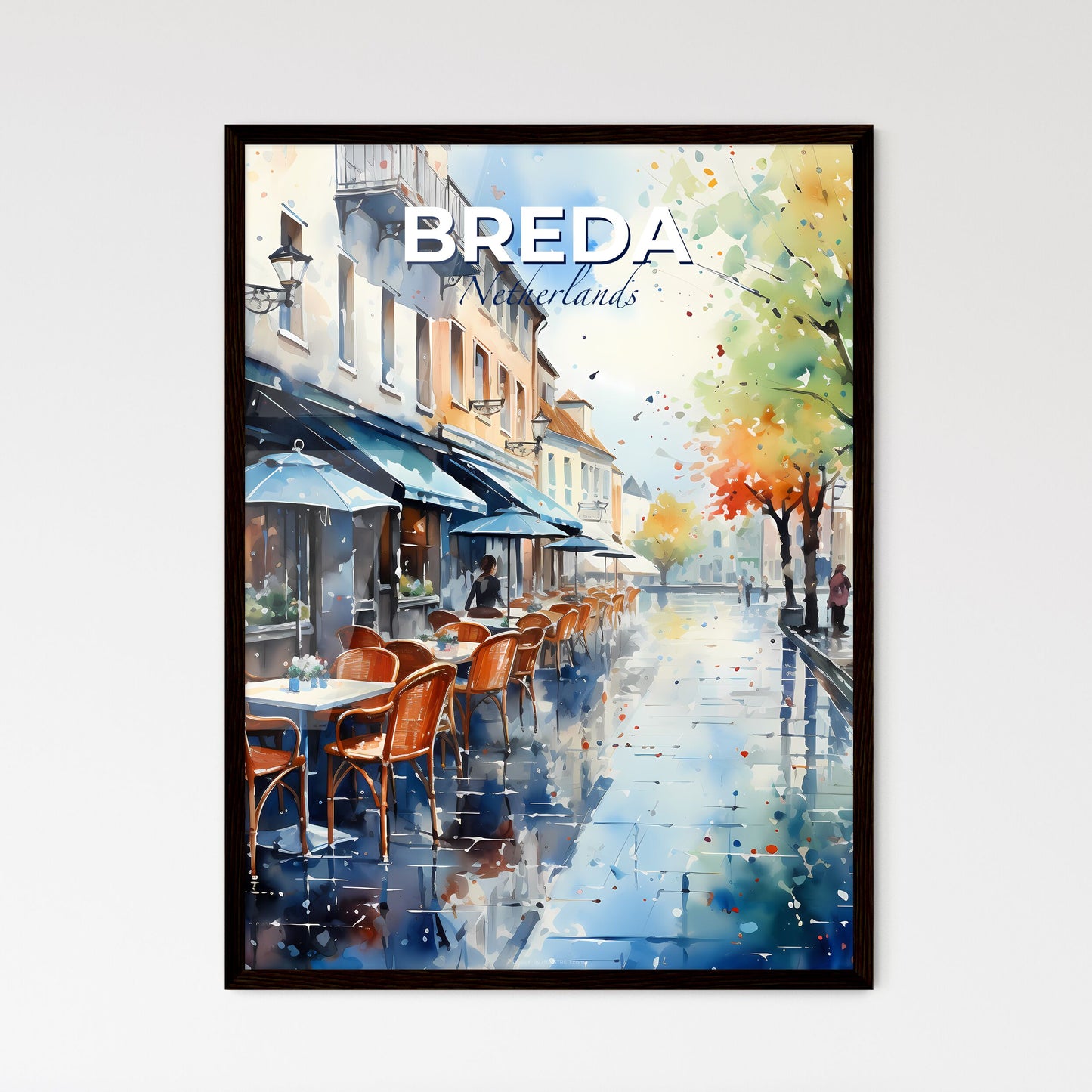 Breda, Netherlands, A Poster of a watercolor of a street with tables and umbrellas Default Title