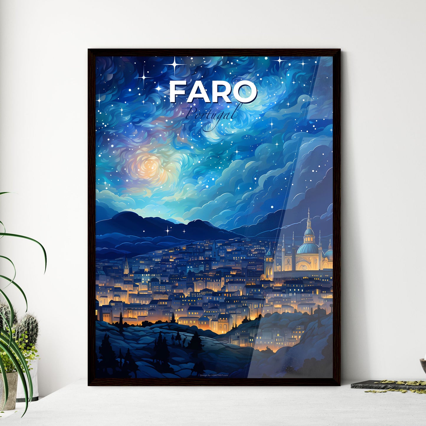 Faro, Portugal, A Poster of a city with lights and stars in the sky Default Title
