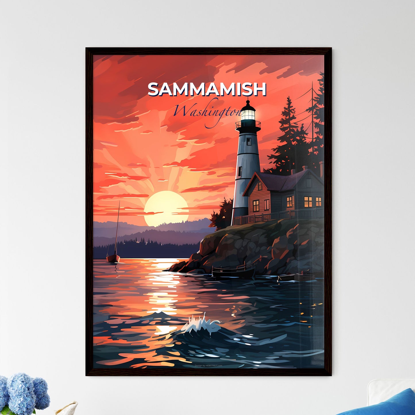 Sammamish, Washington, A Poster of a lighthouse on a rocky shore with a house and a boat in the distance Default Title