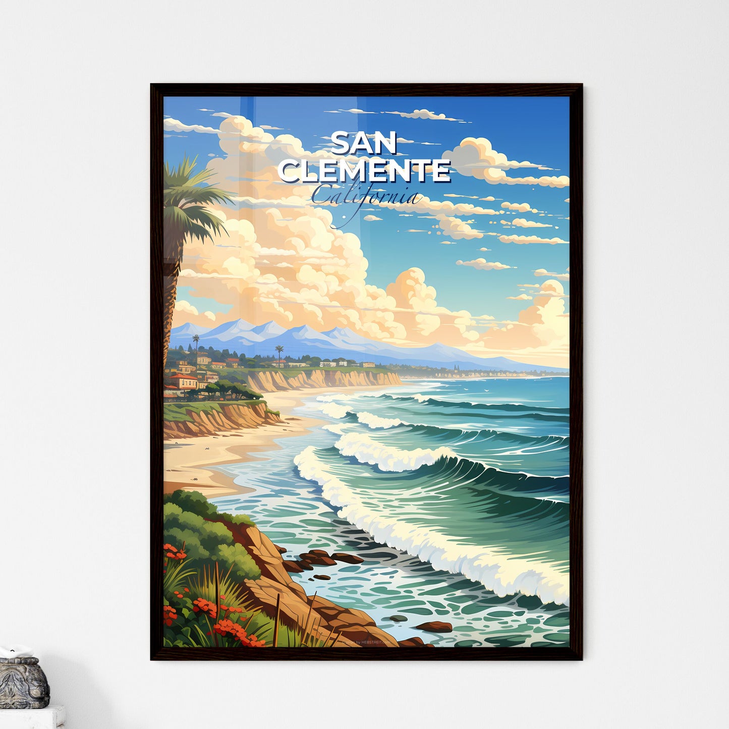 San Clemente, California, A Poster of a beach with waves and palm trees Default Title