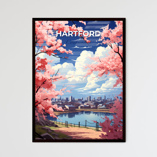 Hartford, Connecticut, A Poster of a pink trees with pink flowers and a body of water with a city in the background Default Title