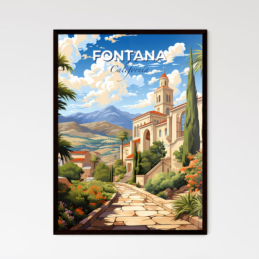 Fontana, California, A Poster of a stone path leading to a building with trees and mountains in the background Default Title
