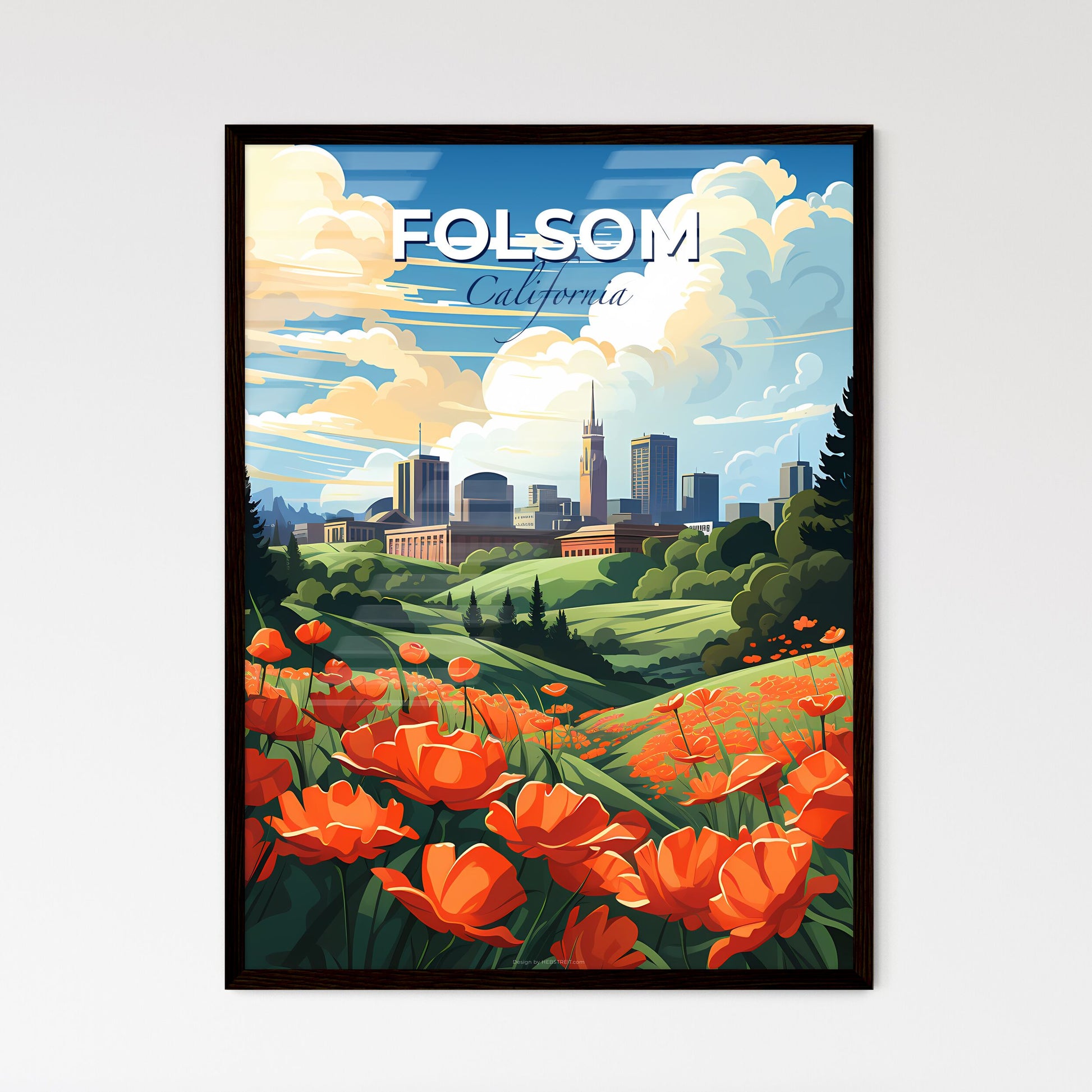 Folsom, California, A Poster of a field of orange flowers with a city in the background Default Title