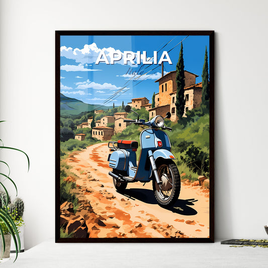 Aprilia, Italy, A Poster of a blue scooter on a dirt road with buildings in the background Default Title