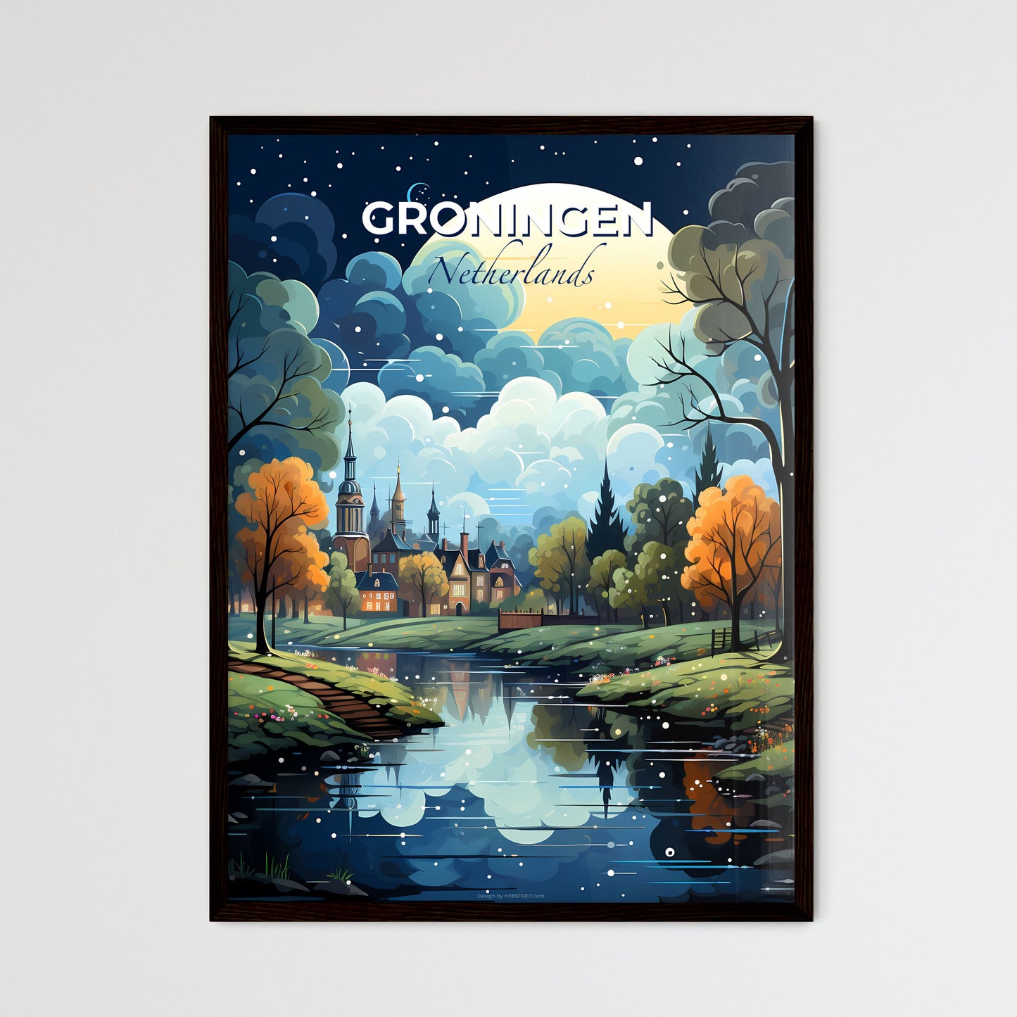 Groningen, Netherlands, A Poster of a painting of a river with trees and a castle in the background Default Title