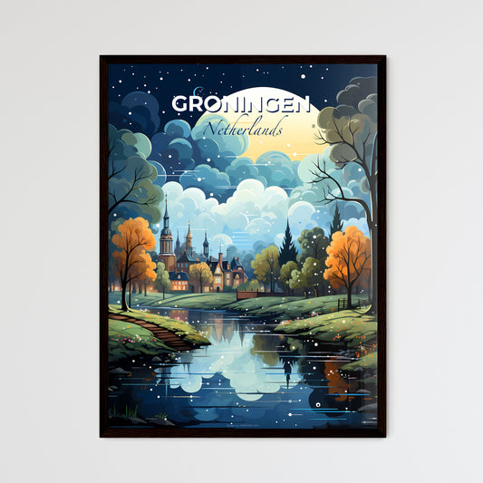 Groningen, Netherlands, A Poster of a painting of a river with trees and a castle in the background Default Title