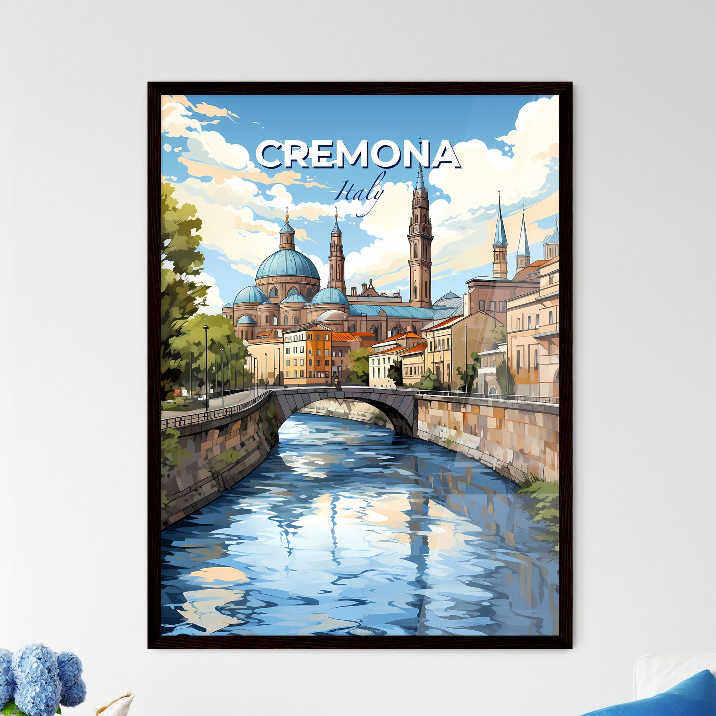 Cremona, Italy, A Poster of a river with a bridge and a building in the background Default Title