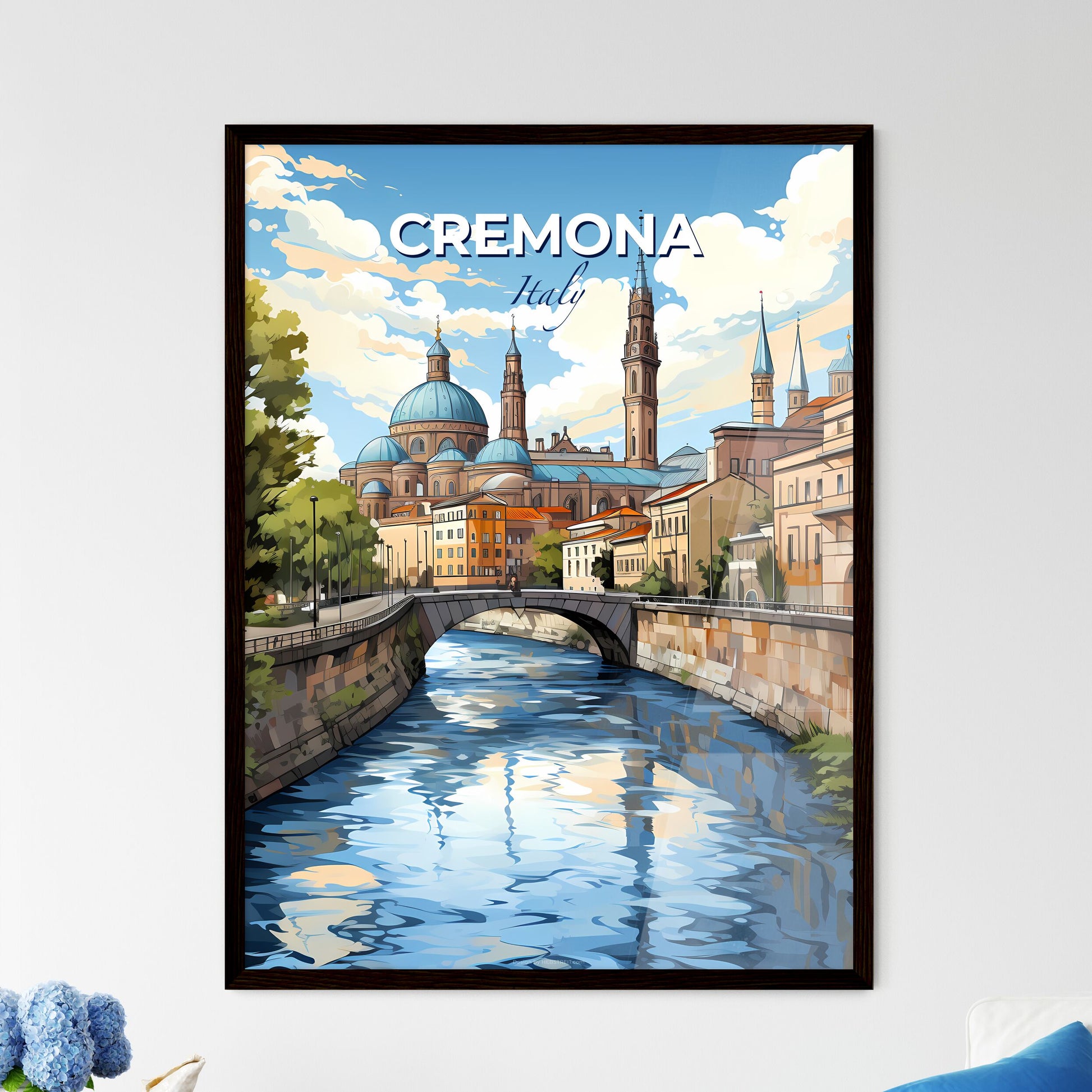 Cremona, Italy, A Poster of a river with a bridge and a building in the background Default Title