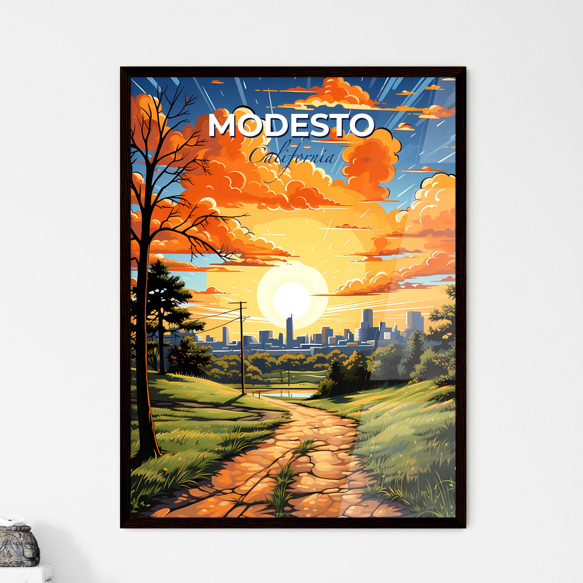Modesto, California, A Poster of a path in a grassy field with trees and a city in the background Default Title