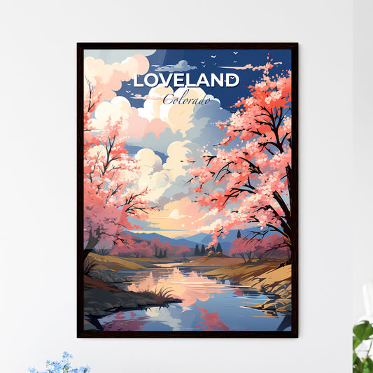 Loveland, Colorado, A Poster of a river with pink trees and a cloudy sky Default Title