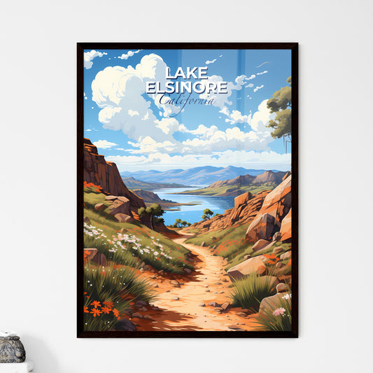 Lake Elsinore, California, A Poster of a dirt path through a rocky landscape with a lake and mountains Default Title