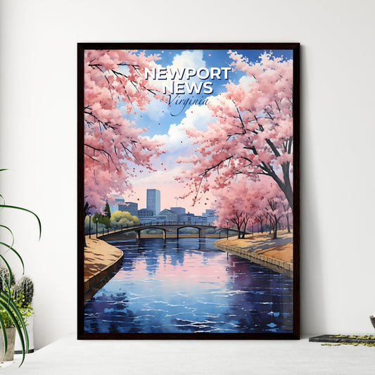 Newport News, Virginia, A Poster of a river with a bridge and trees with pink flowers Default Title
