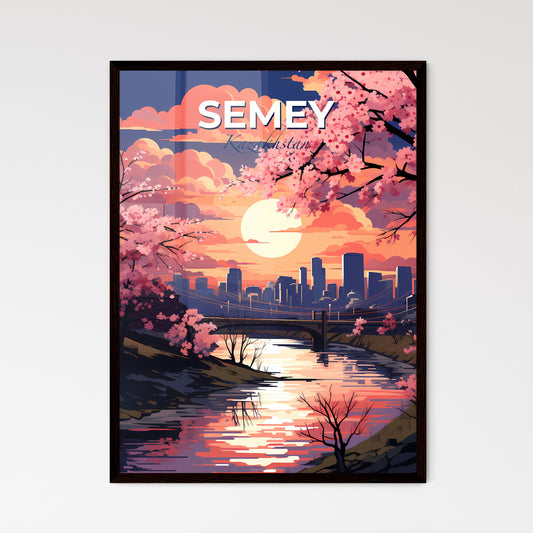 Semey, Kazakhstan, A Poster of a river with pink flowers and a city in the background Default Title