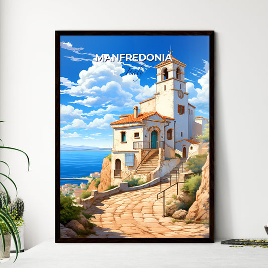 Manfredonia, Italy, A Poster of a building on a hill with a steeple and a body of water Default Title