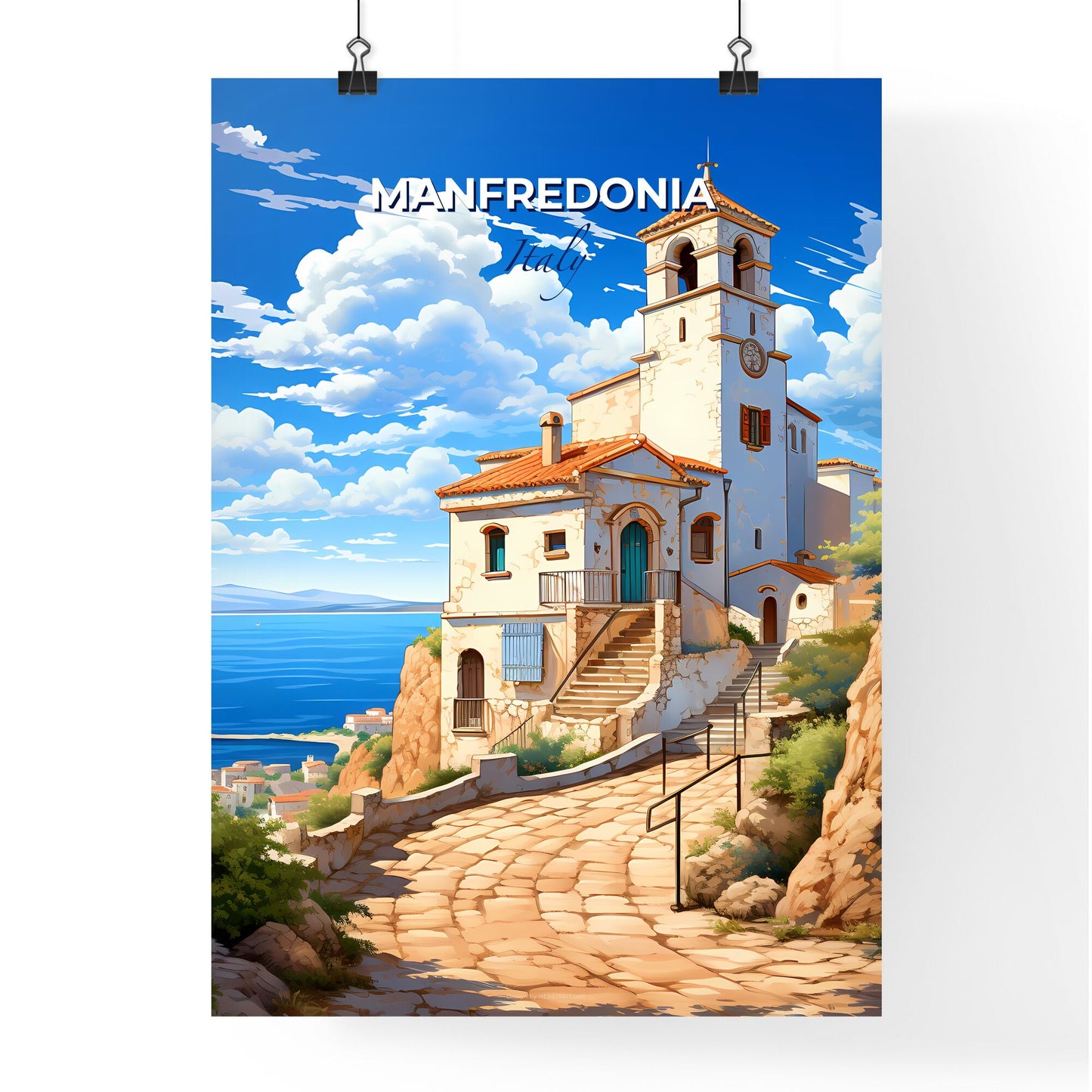 Manfredonia, Italy, A Poster of a building on a hill with a steeple and a body of water Default Title